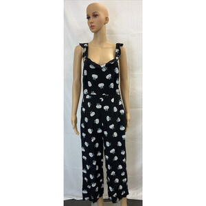 Ann Taylor Loft Jumpsuit 8 Black w/ Floral Design Cropped Leg with Ruffled Neck